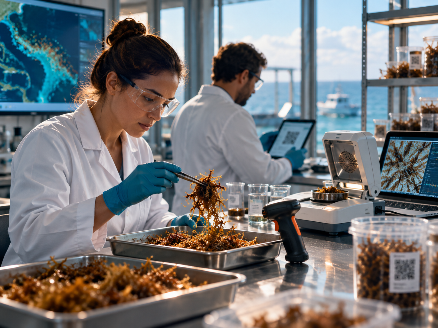 Equipo científico analizando biomasa