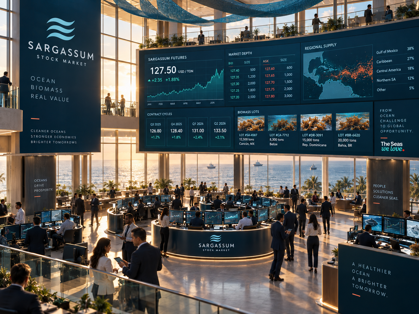 Visualización conceptual de un mercado de biomasa de sargazo