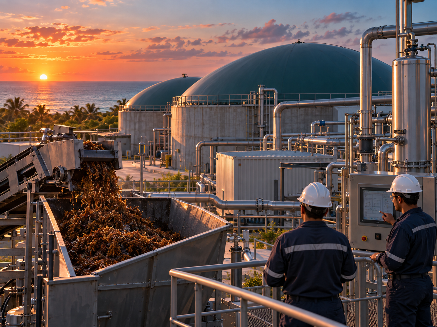 Visualización conceptual de una biorrefinería junto al mar